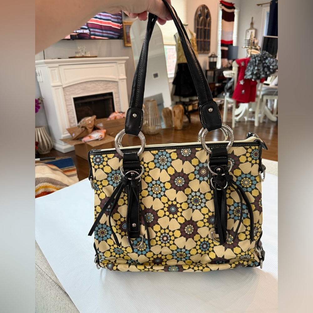 Franco Sarto Yellow and Black Floral Shoulder Bag Leather Straps